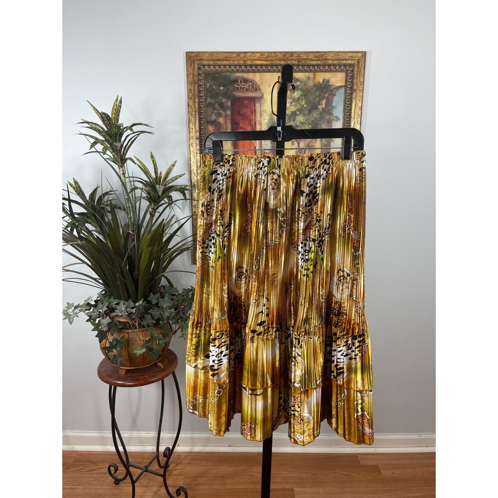 Womens Midi Skirt Metallic Gold Animal Print Pleated Boho Avant-Garde Whimsigoth